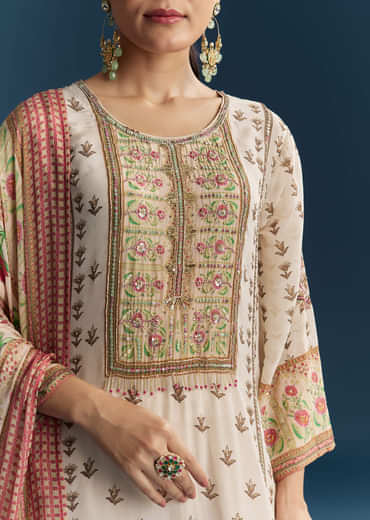 Off White Crepe Printed Kurta Set