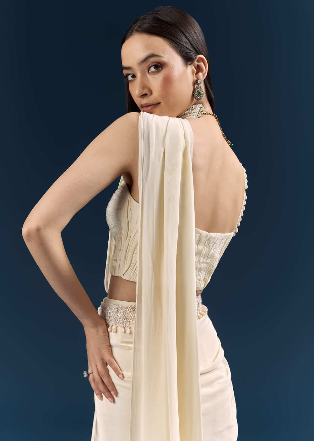 Off White Crepe Ready Pleated Saree With Heavy Embroidery