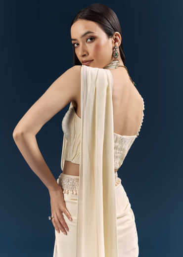 Off White Crepe Ready Pleated Saree With Heavy Embroidery
