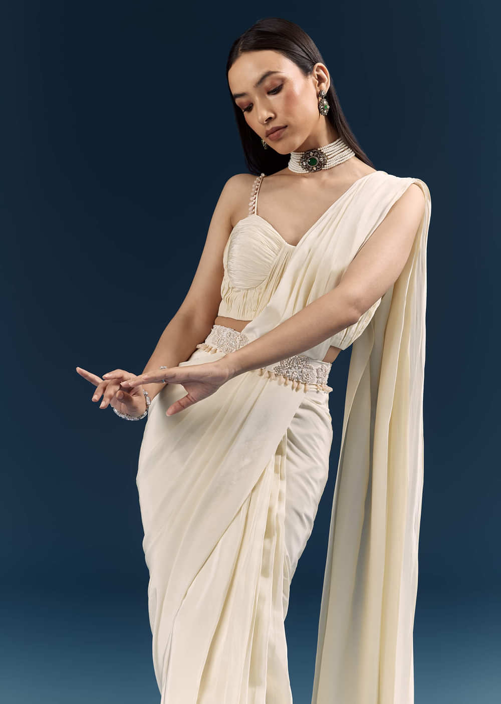 Off White Crepe Ready Pleated Saree With Heavy Embroidery