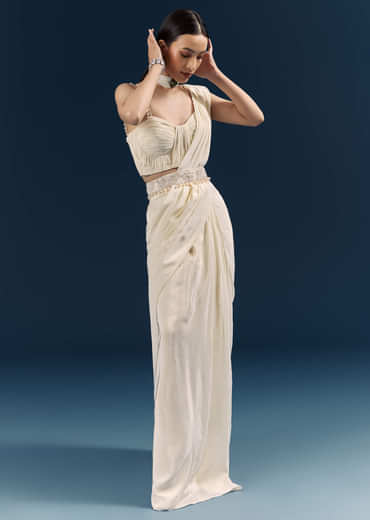 Off White Crepe Ready Pleated Saree With Heavy Embroidery