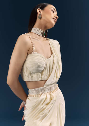 Off White Crepe Ready Pleated Saree With Heavy Embroidery