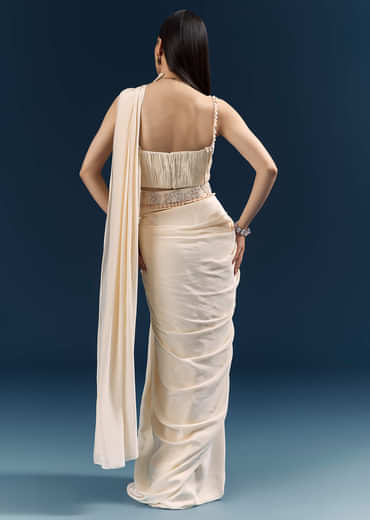 Off White Crepe Ready Pleated Saree With Heavy Embroidery