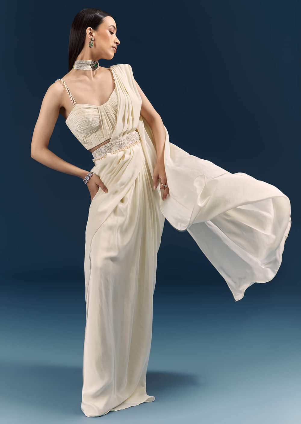 Off White Crepe Ready Pleated Saree With Heavy Embroidery