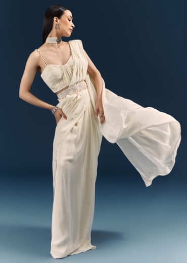 Off White Crepe Ready Pleated Saree With Heavy Embroidery
