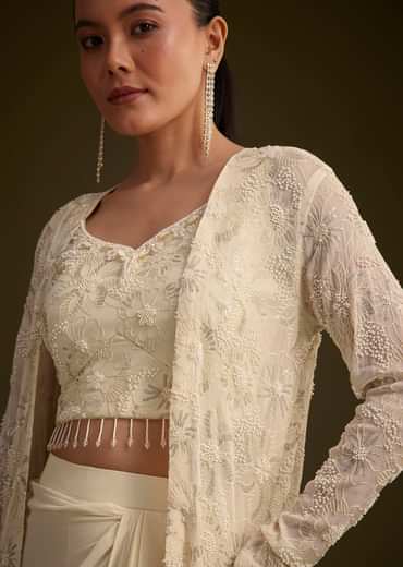 Off White Embroidered Croptop Skirt And Jacket Set