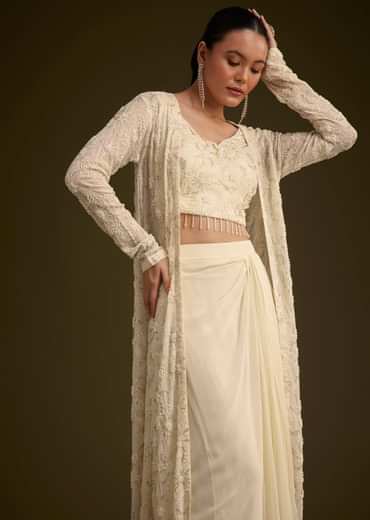 Off White Embroidered Croptop Skirt And Jacket Set