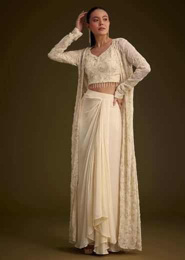 Off White Embroidered Croptop Skirt And Jacket Set