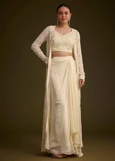 Off White Embroidered Croptop Skirt And Jacket Set