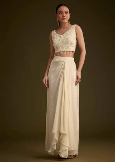 Off White Embroidered Croptop Skirt And Jacket Set