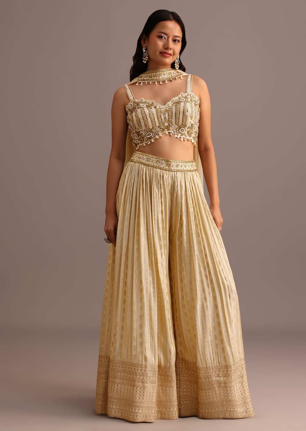 Off White Embroidered Croptop With Banarasi Weave Palazzo And Choker Dupatta