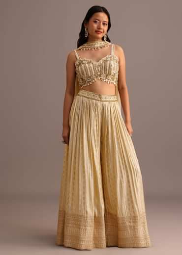 Off White Embroidered Croptop With Banarasi Weave Palazzo And Choker Dupatta