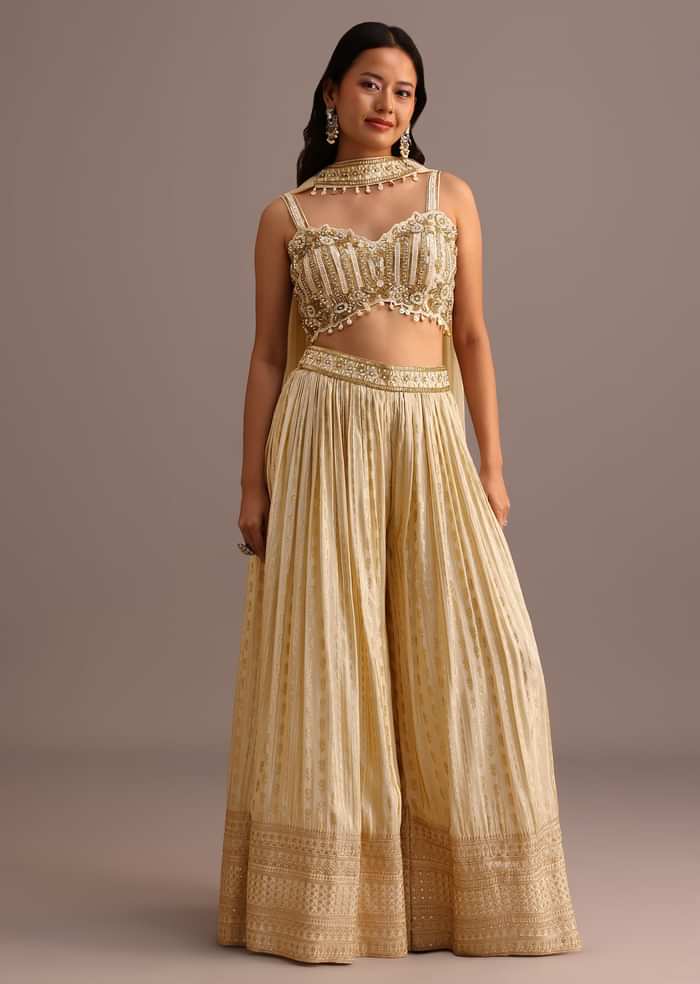 Off White Embroidered Croptop With Banarasi Weave Palazzo And Choker Dupatta