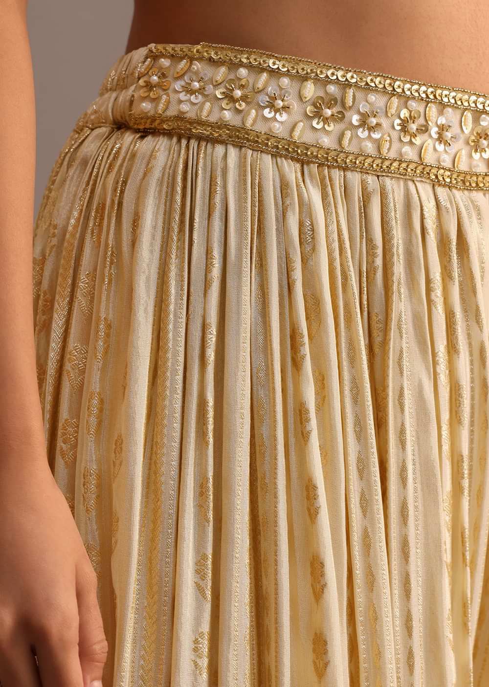 Off White Embroidered Croptop With Banarasi Weave Palazzo And Choker Dupatta