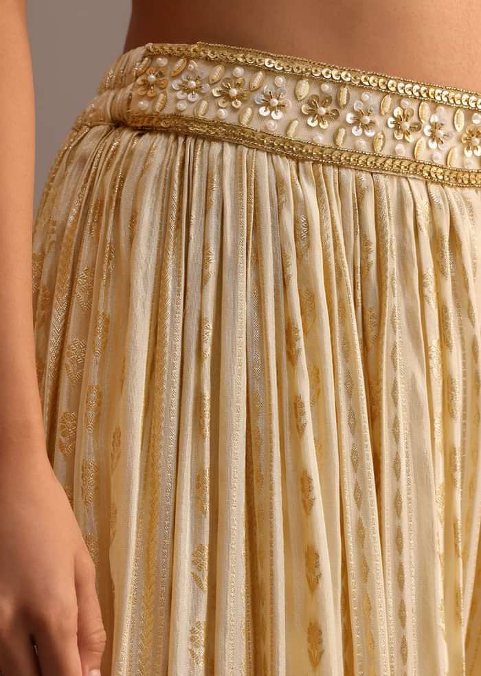 Off White Embroidered Croptop With Banarasi Weave Palazzo And Choker Dupatta