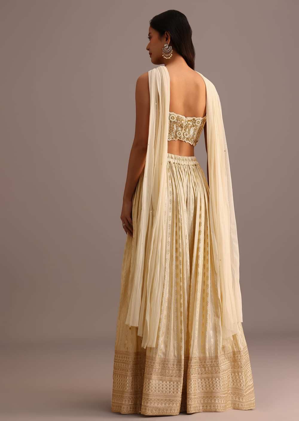 Off White Embroidered Croptop With Banarasi Weave Palazzo And Choker Dupatta