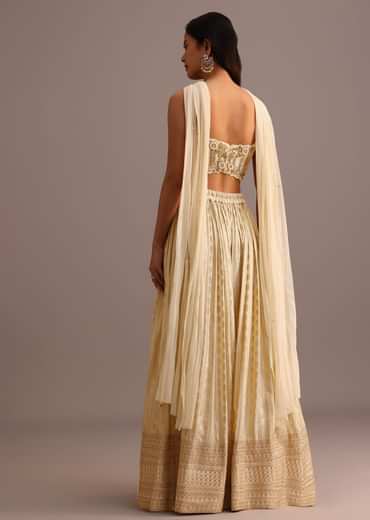 Off White Embroidered Croptop With Banarasi Weave Palazzo And Choker Dupatta