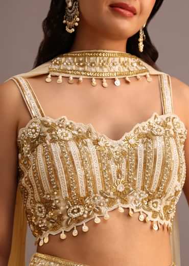 Off White Embroidered Croptop With Banarasi Weave Palazzo And Choker Dupatta