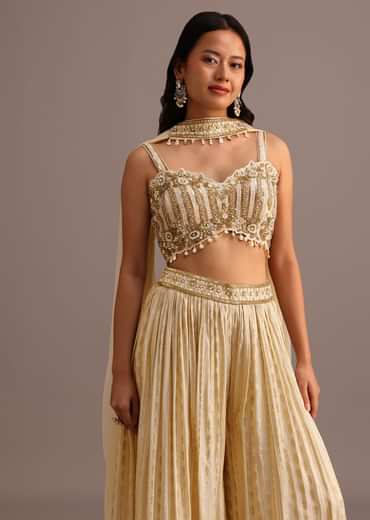 Off White Embroidered Croptop With Banarasi Weave Palazzo And Choker Dupatta