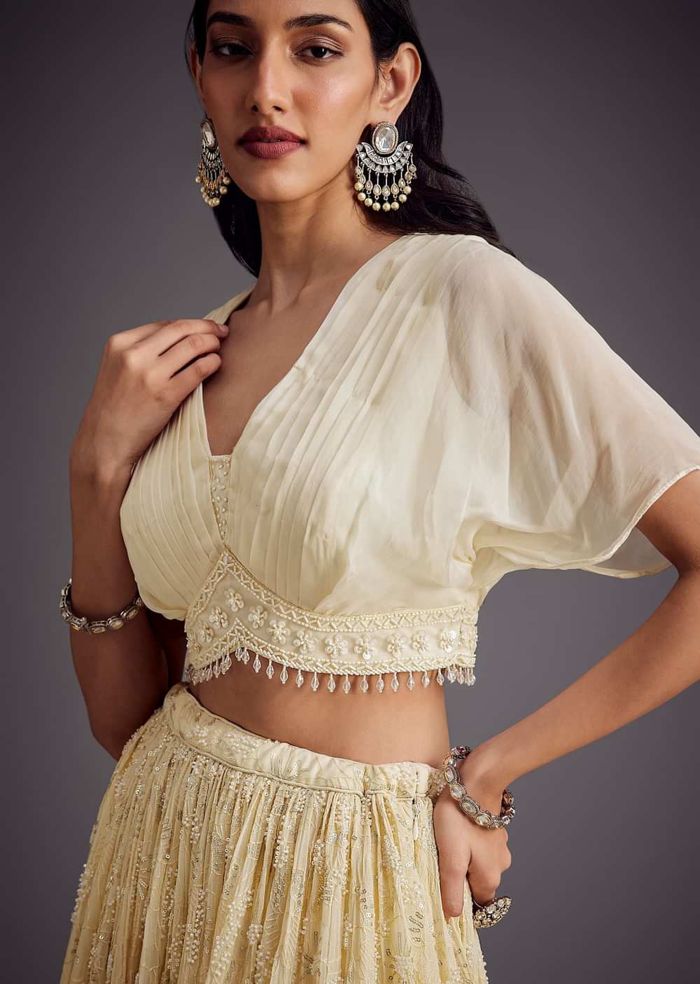 Off White Embroidered Pleated Skirt With Sheer Layered Croptop