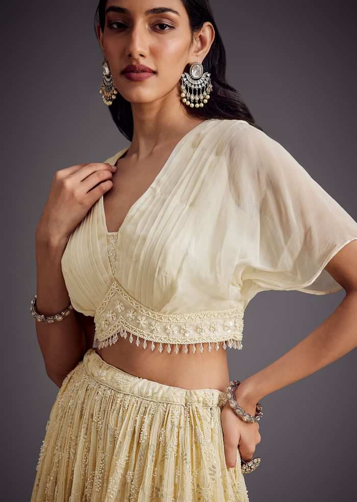 Off White Embroidered Pleated Skirt With Sheer Layered Croptop
