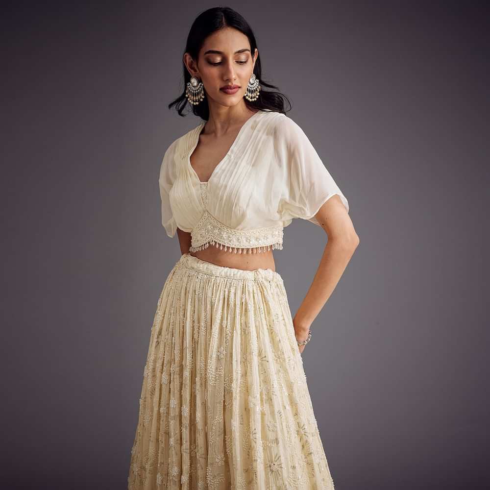 Off White Embroidered Pleated Skirt With Sheer Layered Croptop