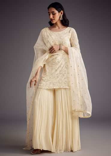 Off White Embroidered Sharara Set With Organza Dupatta