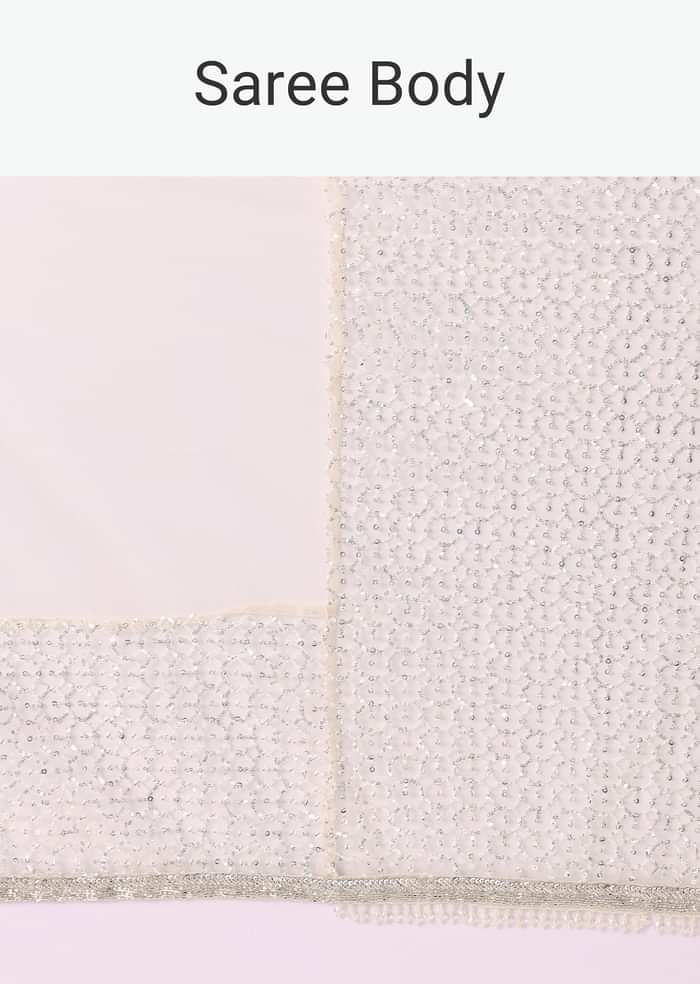 Off White Fancy Sequence Net Saree With Pleated Stitched