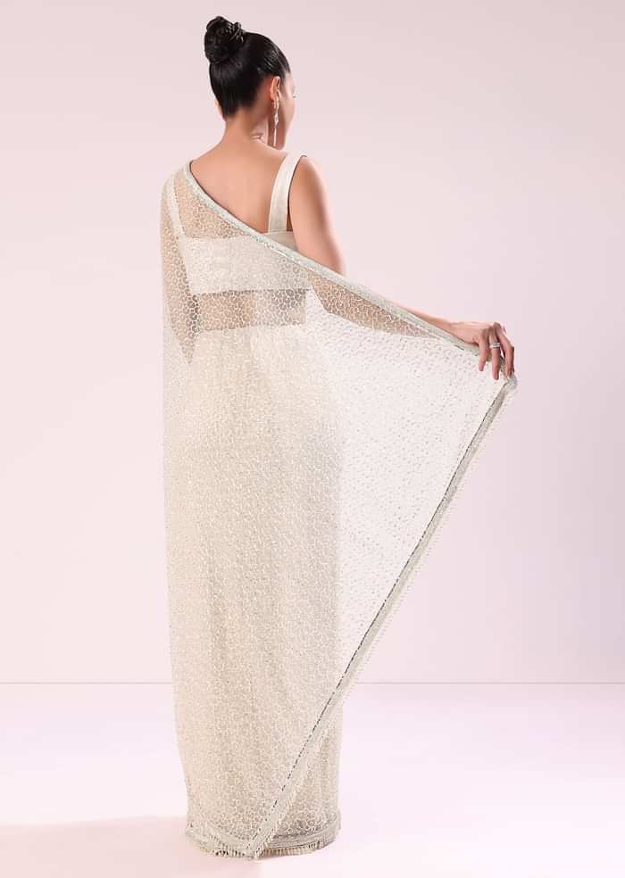 Off White Fancy Sequence Net Saree With Pleated Stitched