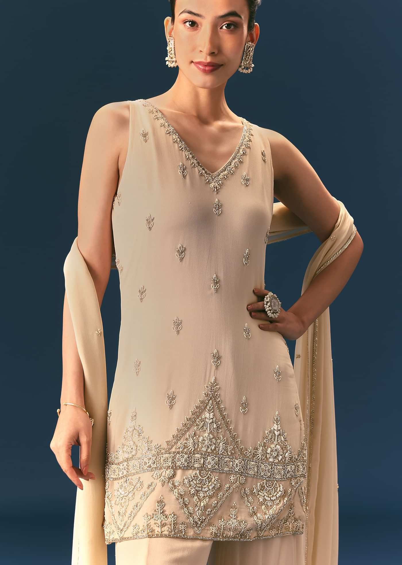 Off White Hand Embroidered Sharara Suit With Choker Dupatta