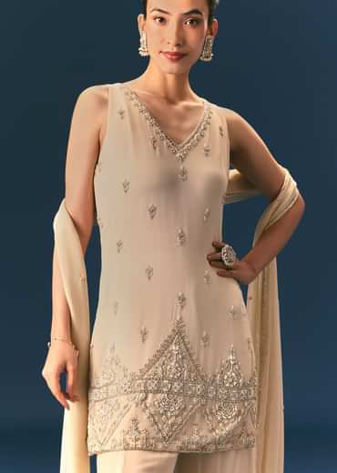 Off White Hand Embroidered Sharara Suit With Choker Dupatta