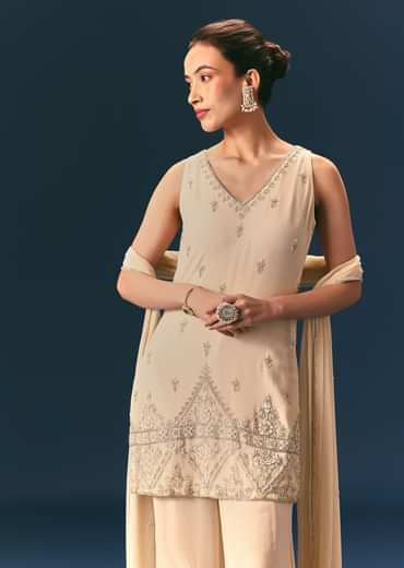 Off White Hand Embroidered Sharara Suit With Choker Dupatta