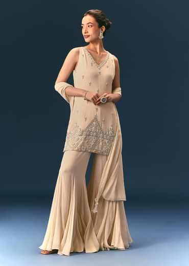 Off White Hand Embroidered Sharara Suit With Choker Dupatta