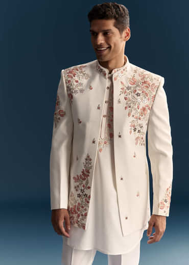 Off White Indo Western Set For Men With Hand Embroidery