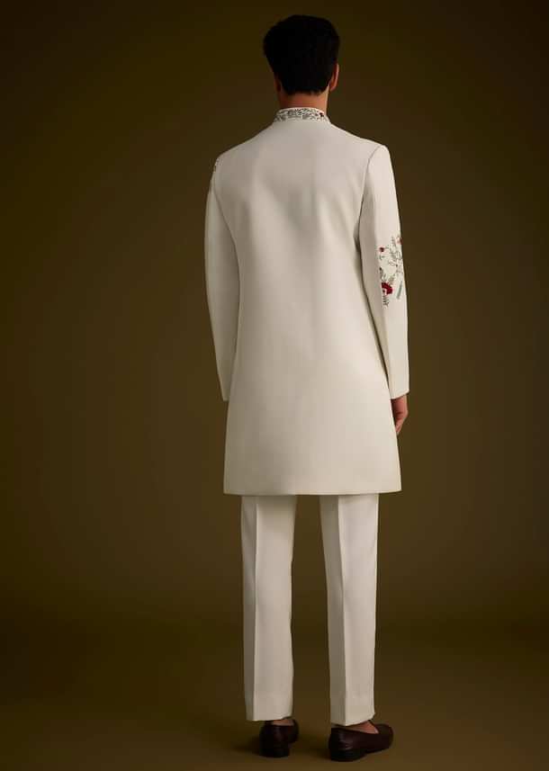 Off White Indowestern With Hand Embroidered Bird And Floral Pattern