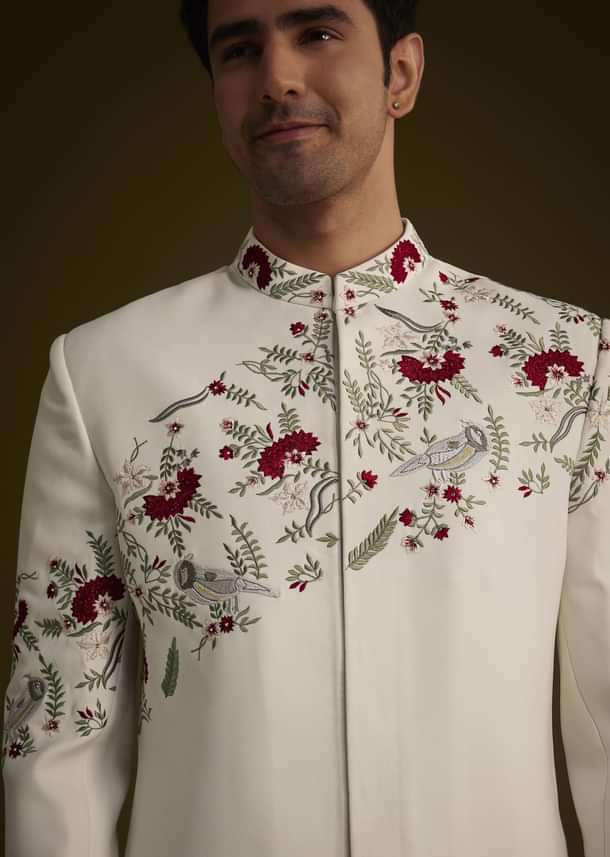 Off White Indowestern With Hand Embroidered Bird And Floral Pattern