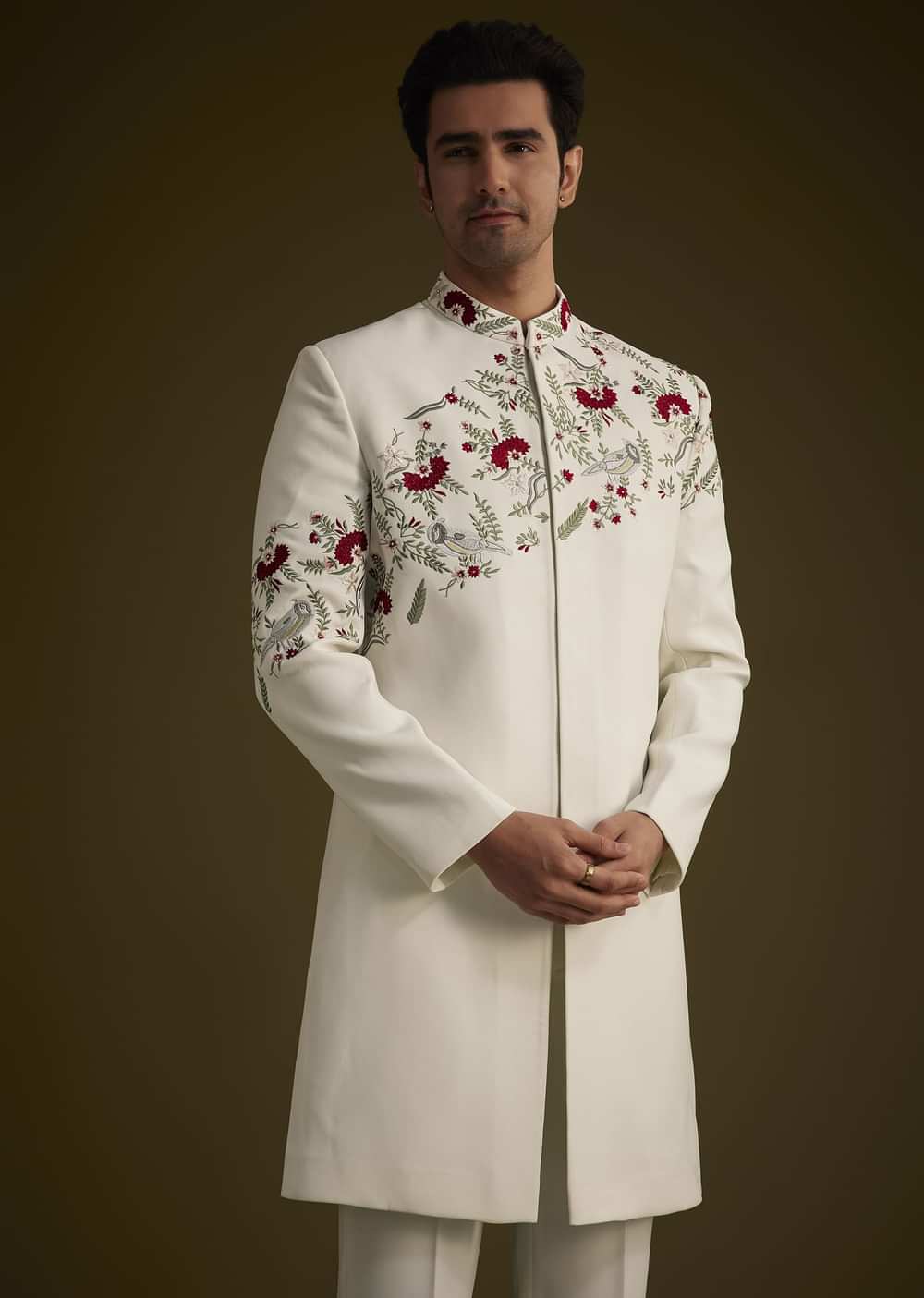 Off White Indowestern With Hand Embroidered Bird And Floral Pattern