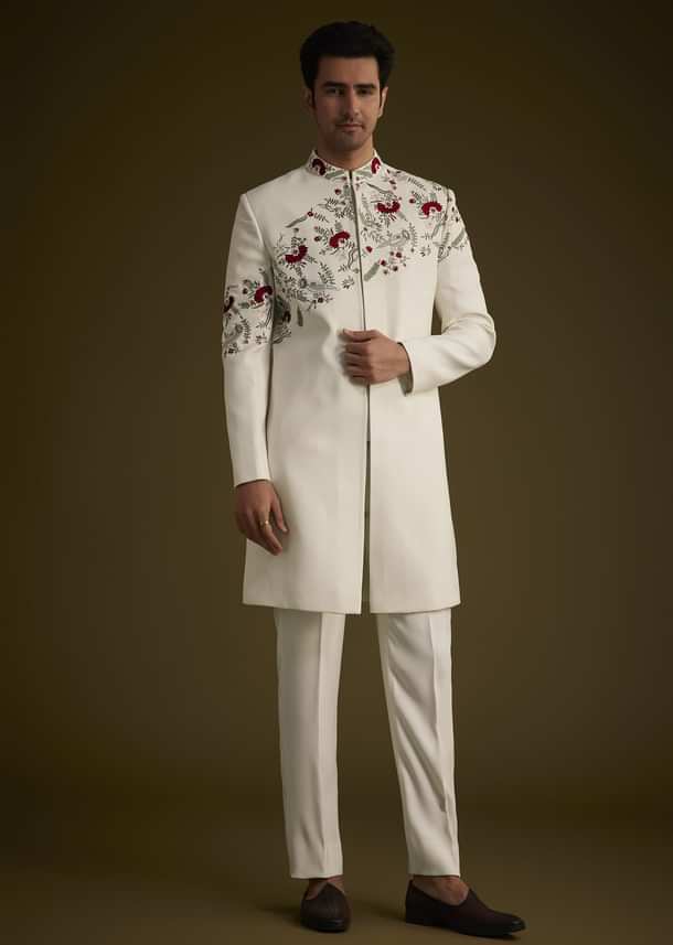 Off White Indowestern With Hand Embroidered Bird And Floral Pattern