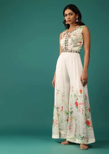 Off White Jumpsuit In Mull Cotton With Embroidered Belt