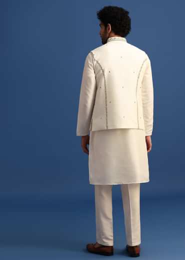 Off White Kurta Jacket Set With Zari Work And Mirror Embroidery For Men
