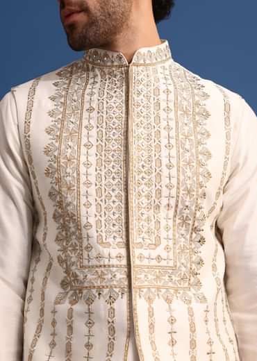 Off White Kurta Jacket Set With Zari Work And Mirror Embroidery For Men