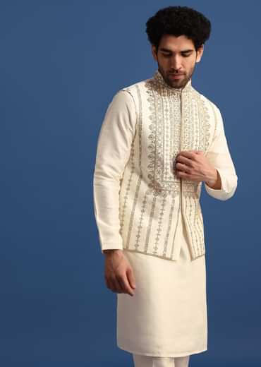 Off White Kurta Jacket Set With Zari Work And Mirror Embroidery For Men