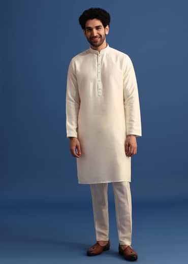 Off White Kurta Jacket Set With Zari Work And Mirror Embroidery For Men