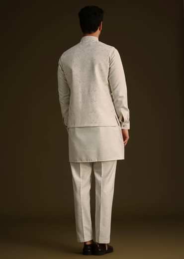 Off White Linen Kurta Set With Resham And Sequin Work
