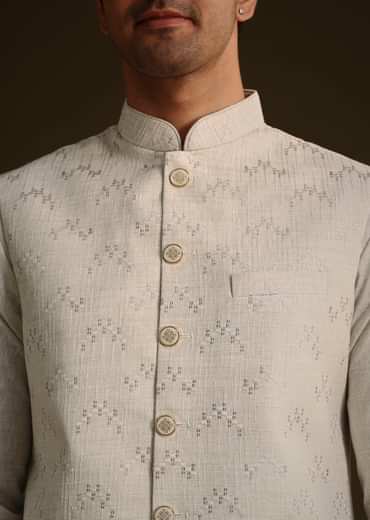 Off White Linen Kurta Set With Resham And Sequin Work