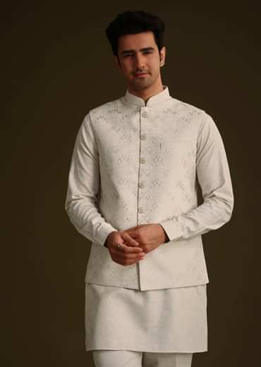 Off White Linen Kurta Set With Resham And Sequin Work