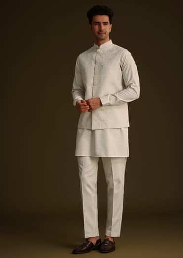 Off White Linen Kurta Set With Resham And Sequin Work