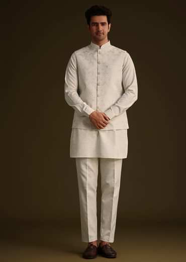 Off White Linen Kurta Set With Resham And Sequin Work