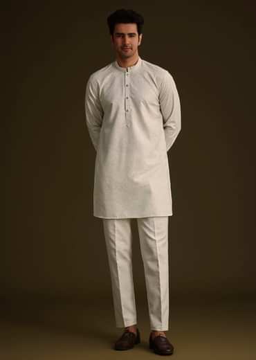 Off White Linen Kurta Set With Resham And Sequin Work