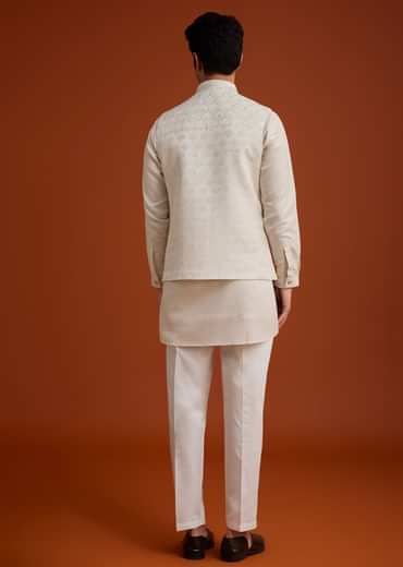 Off White Linen Silk Jacket Set With Zari And Mirror Work